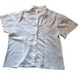 Vintage Cream Cotton Lace Trim Button Down Top Size XL